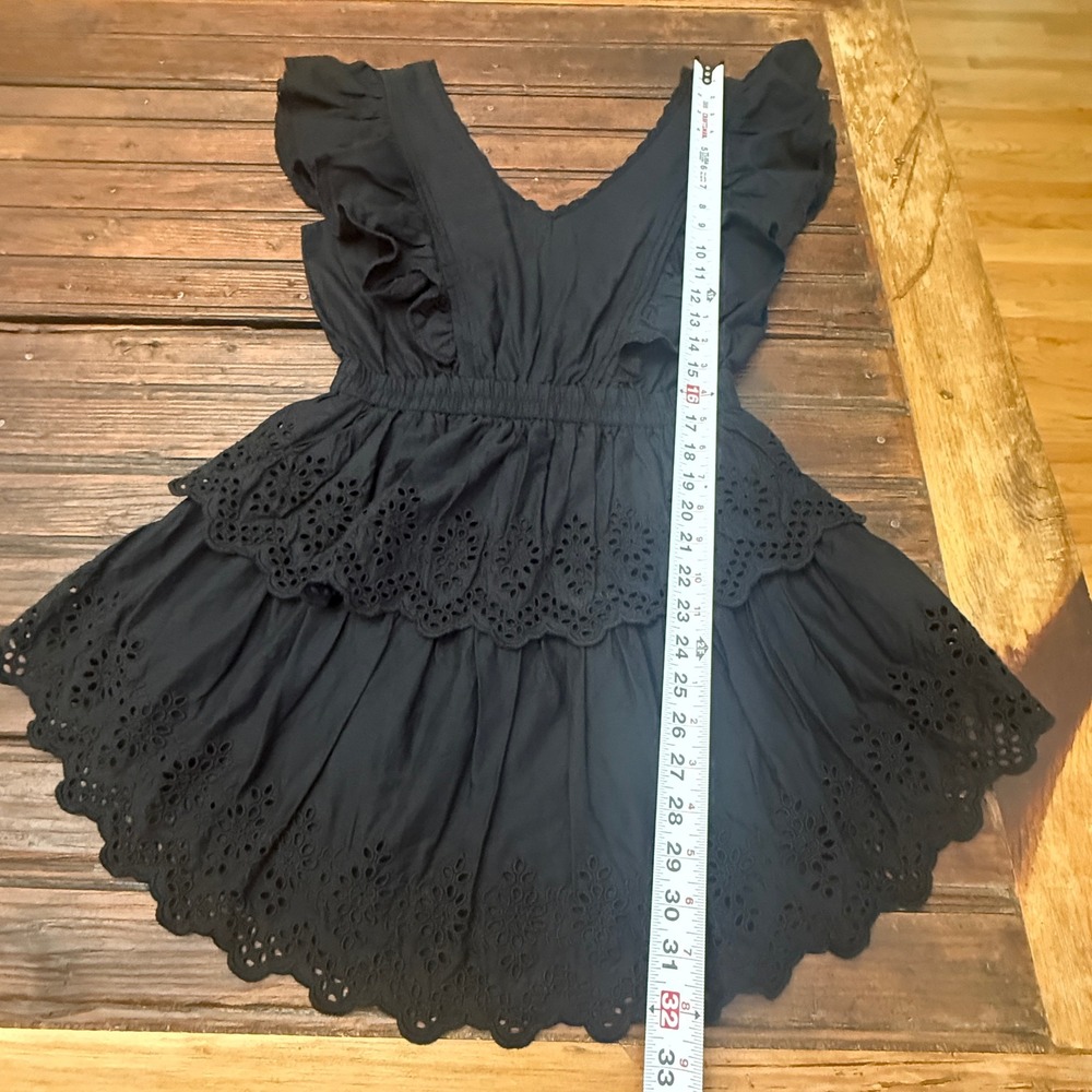 Gap Black Organic Cotton Eyelet Tiered Mini Dress Flutter Sleeve V-Neck Small - Picture 8 of 8